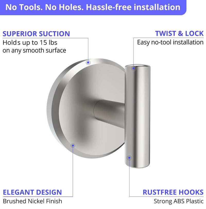 HOME SO Suction Cup Hooks T Shape for Shower, Bathroom, Glass Door, Mirror, Tile - Loofah, Towel, Coat, Bath Robe Hook Holder for Hanging up to 15 lbs - Waterproof & Rustproof, Brushed Nickel (2-Pack) - Image 5